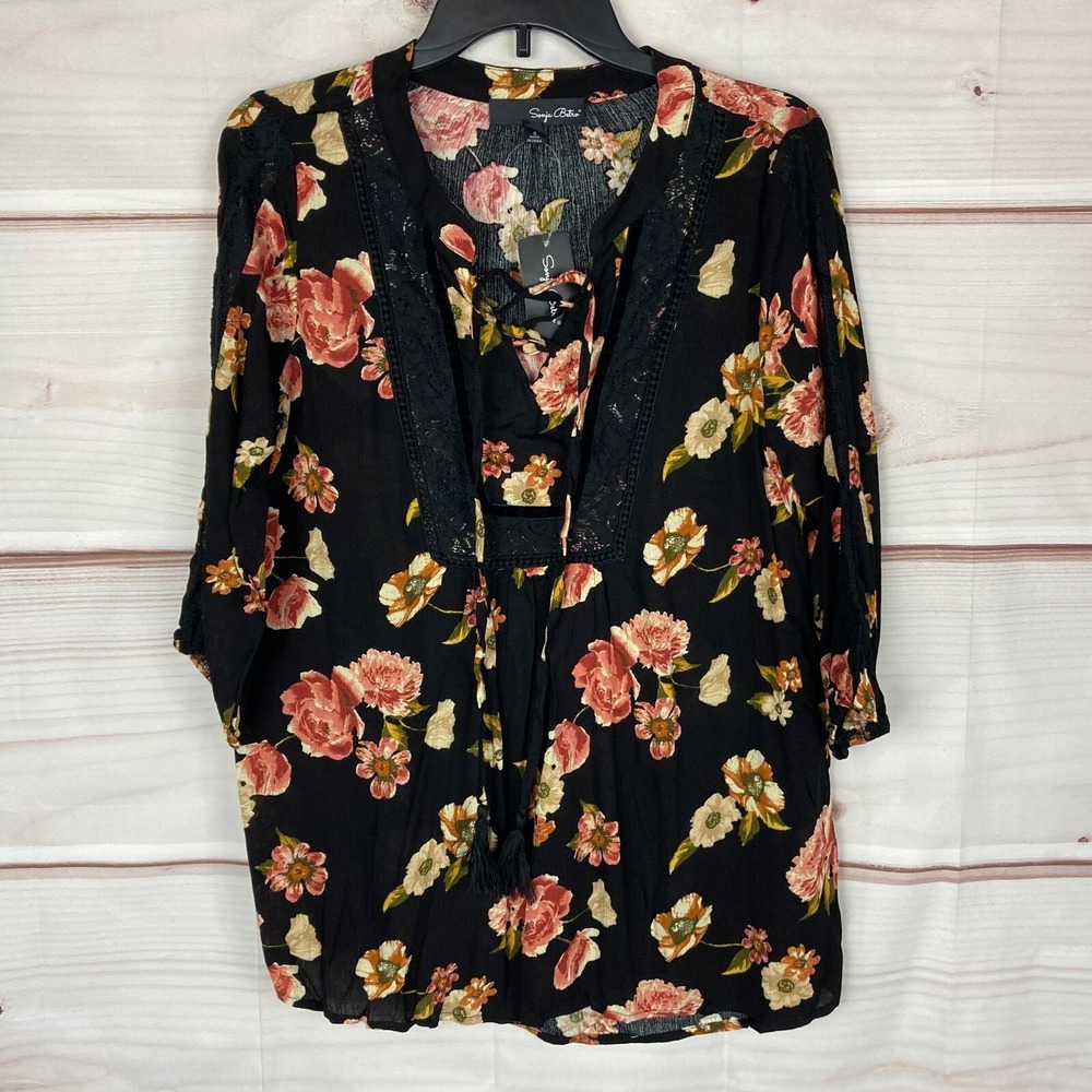 Sonja Betro Top Womens Small Black Lace Up Floral Print Blouse‎ 3/4 Sleeve